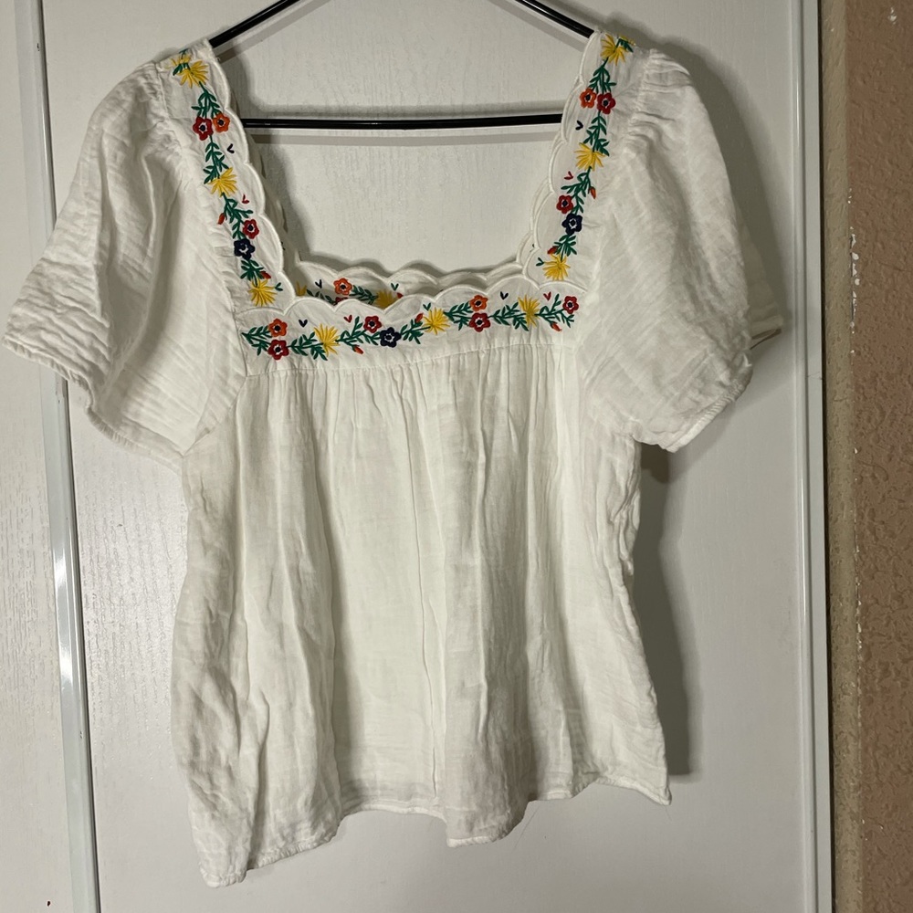Sezane White Cotton Embroidered Peasant Top